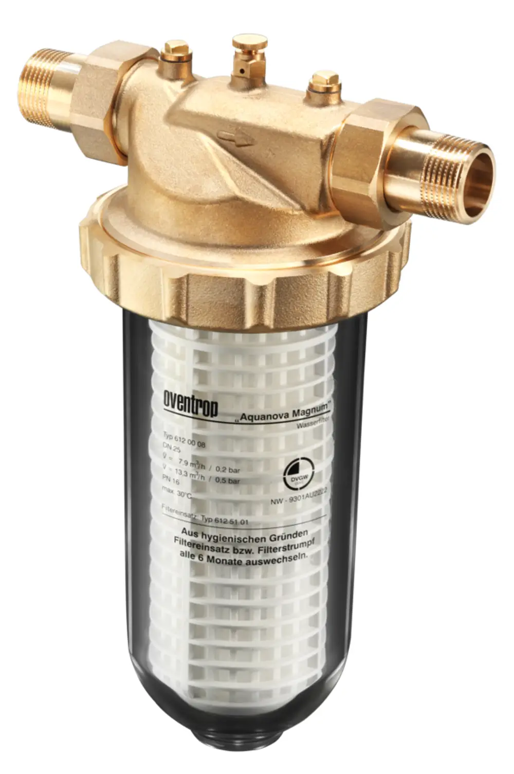 Oventrop Aquanova Magnum Wasserfilter mit Außengewinde, Verschraubung DN 25, Klarsichtkunststofftasse und weißem Filtereinsatz.